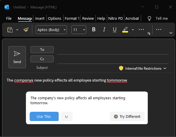 ClipAid interface showing grammar checking and text improvement in Windows applications - Free Grammarly alternative screenshot